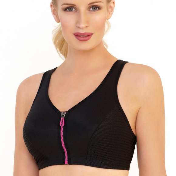 Glamorise SPORT Bra 34DD (HIGH-IMPACT) Wicks (RACERBACK) T-Back Zip-Up Black NEW - Picture 9 of 16